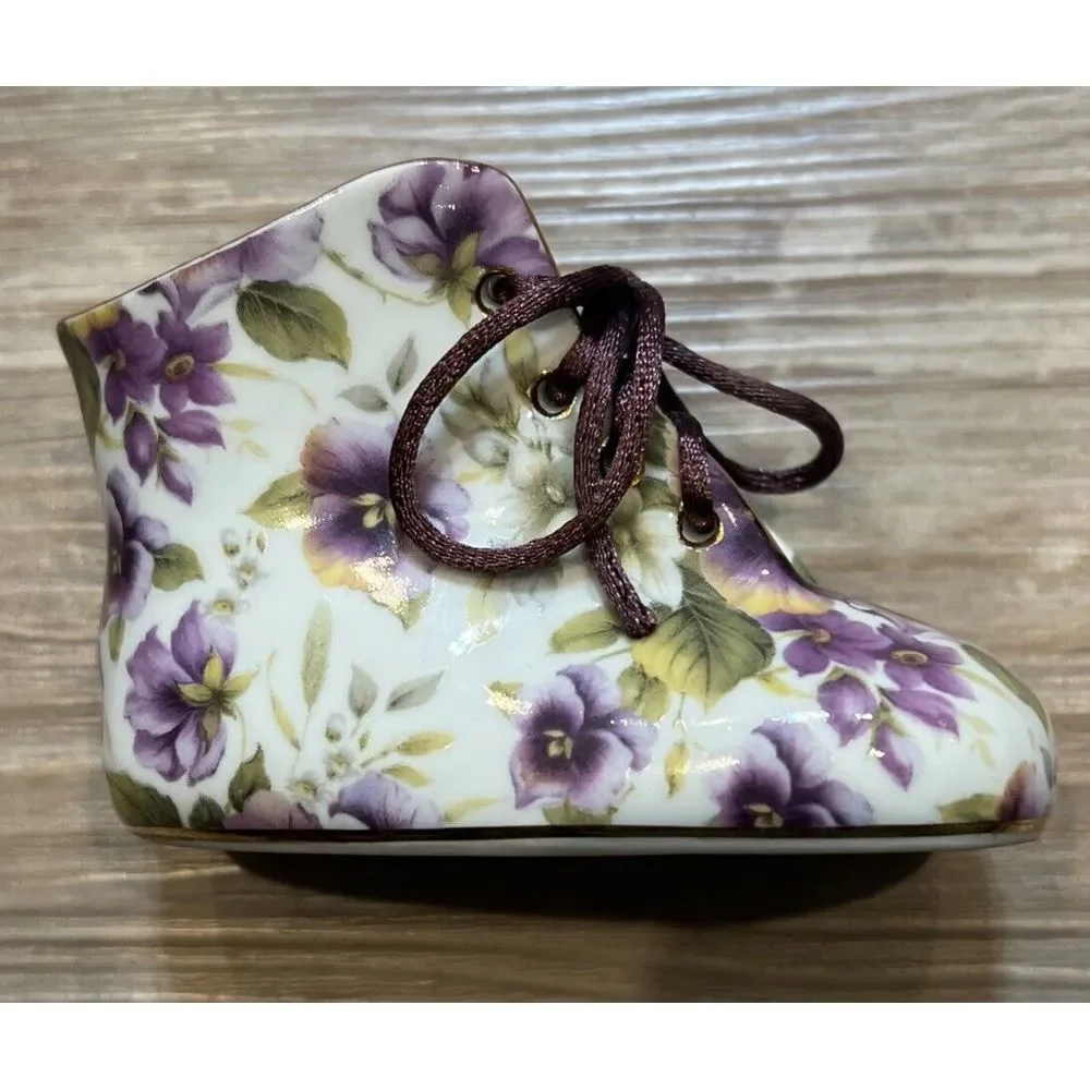 NANTUCKET HOME PORCELAIN Baby Shoe with Violets, Gold Trim and Purple Lace